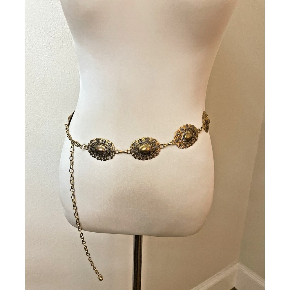Vtg Women's Gold Ornate Oval Concho Western Cowgirl Boho Chain Belt 42" Long